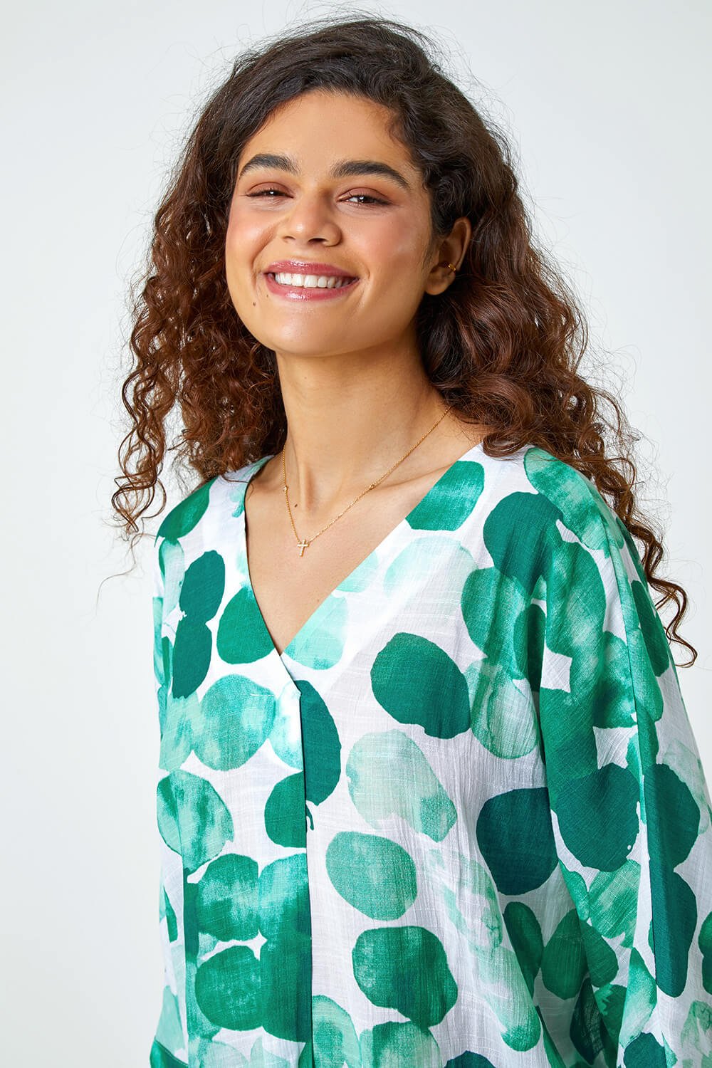 Green Spot Print Relaxed Woven Top, Image 4 of 5