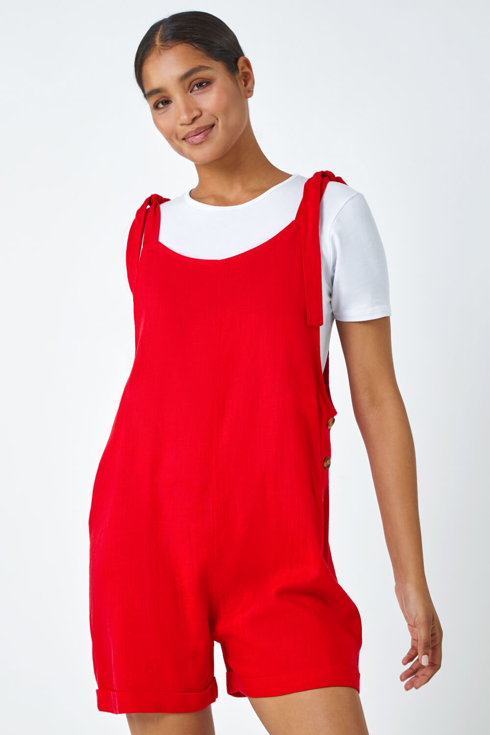 Red Shoulder Tie Cotton Playsuit, Image 2 of 5