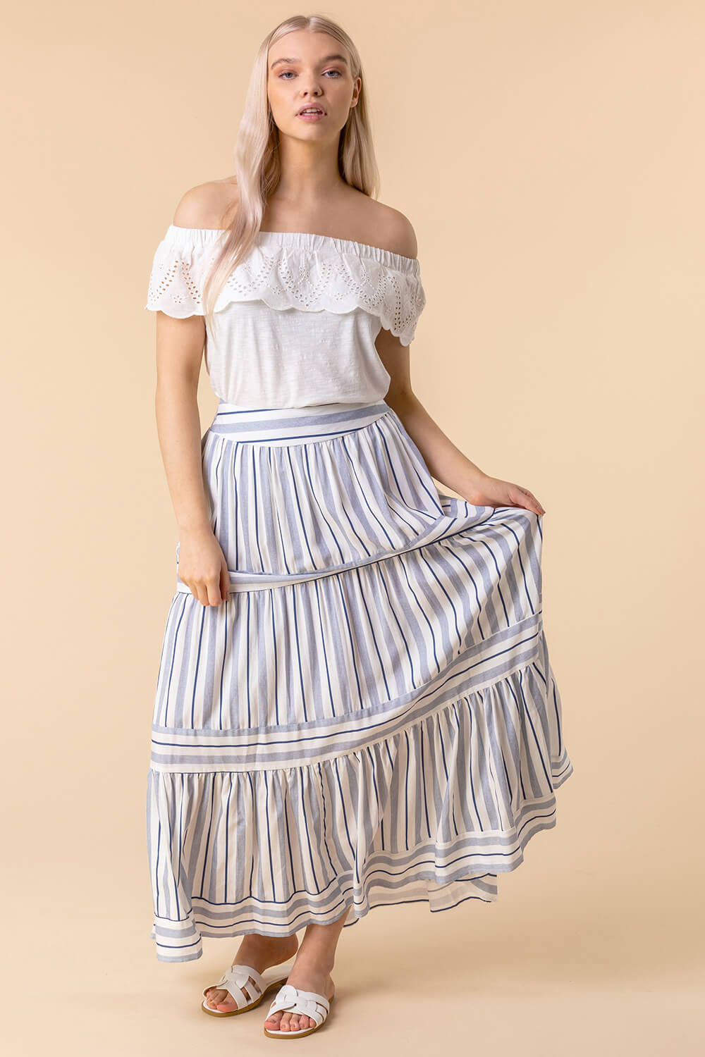 Navy  Tiered Stripe Print Maxi Skirt, Image 3 of 4