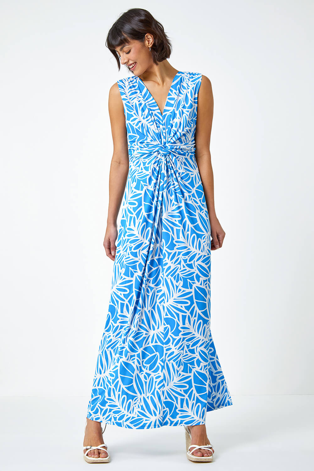 Blue Floral Print Twist Front Maxi Dress, Image 2 of 5