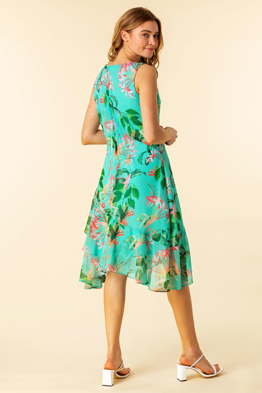 Turquoise Tropical Print Chiffon Dress, Image 2 of 4
