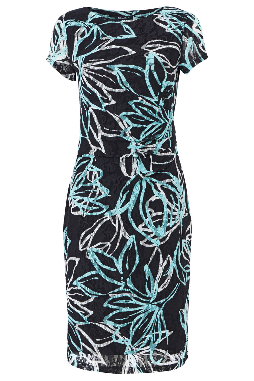 Turquoise Floral Lace Ruched Dress, Image 5 of 5