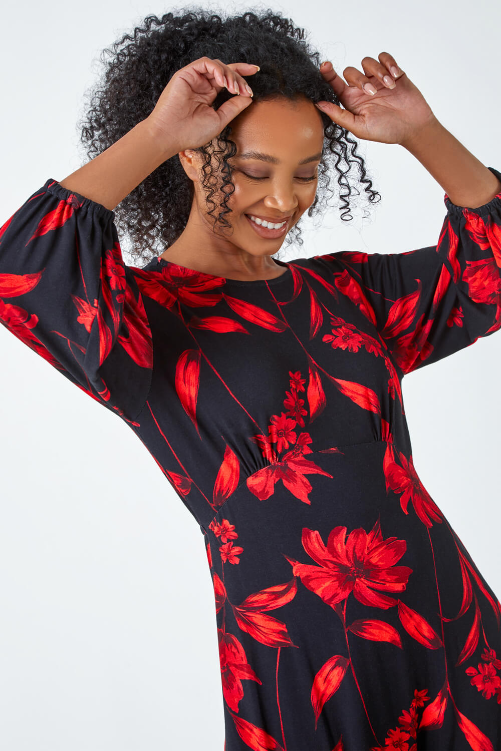 Red Petite Floral Stretch Midi Dress, Image 4 of 5