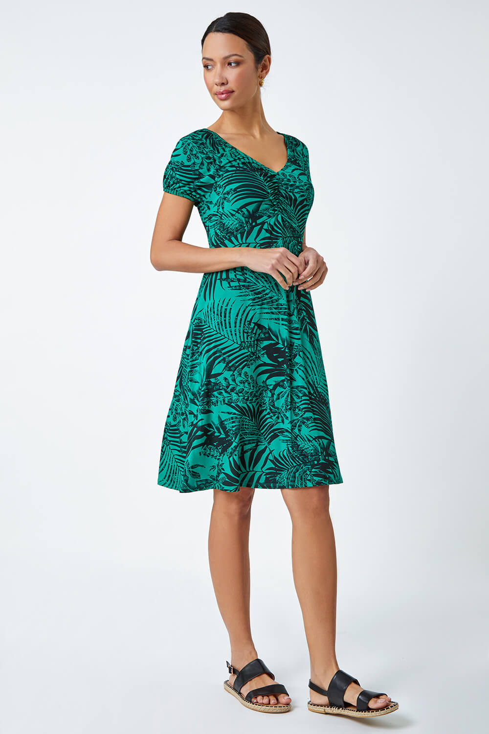 Green Leaf Print Stretch Ruched Dress, Image 2 of 5