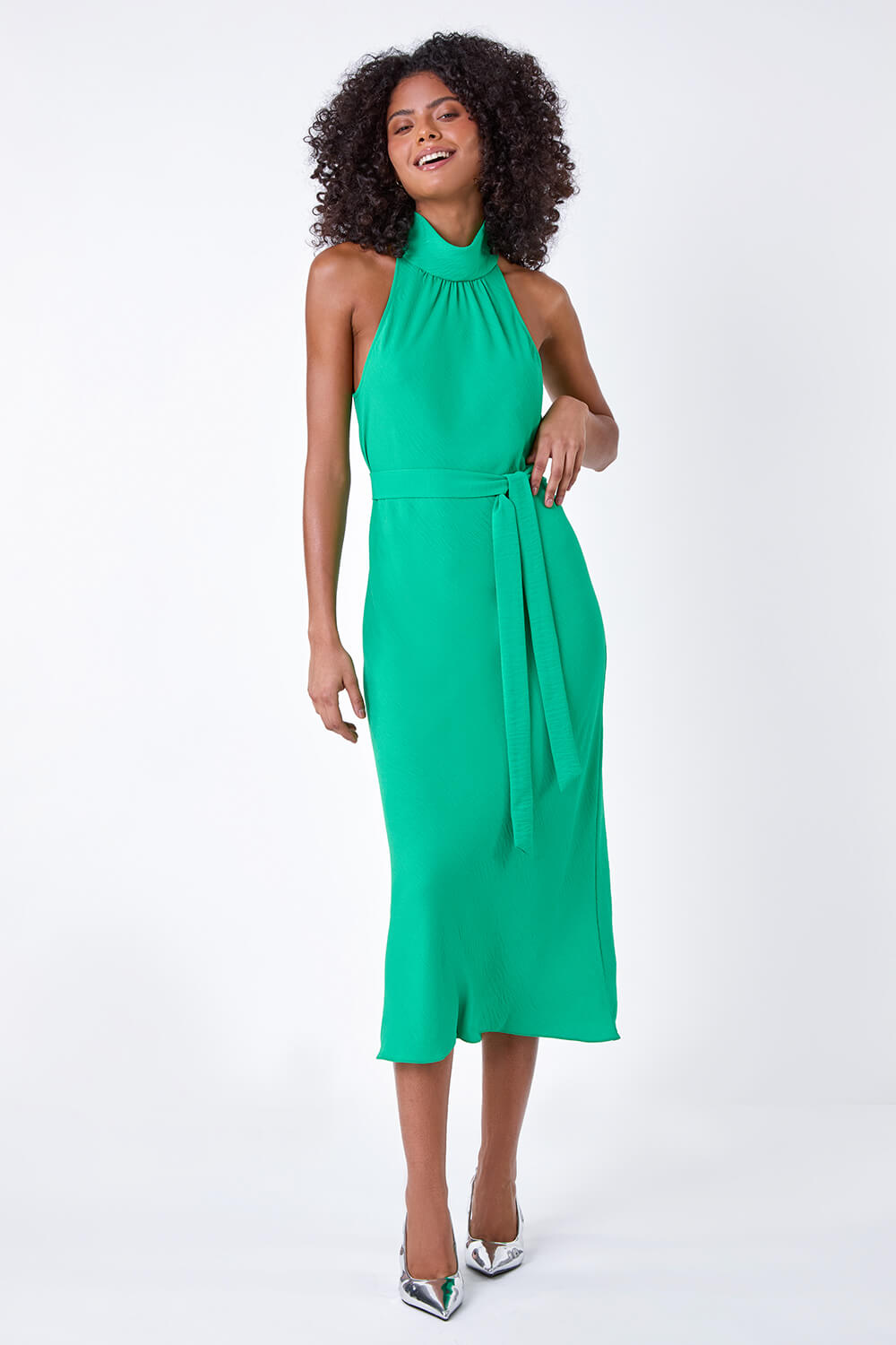 Green Plain Woven Halterneck Midi Dress, Image 4 of 6