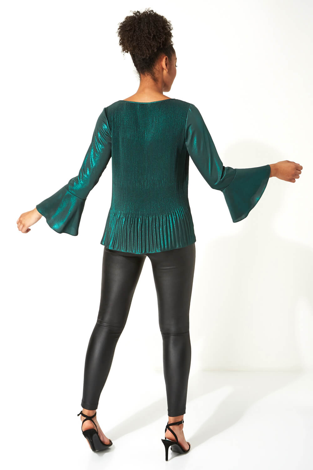 Green Flared Sleeve Foil Pleated Top, Image 3 of 5