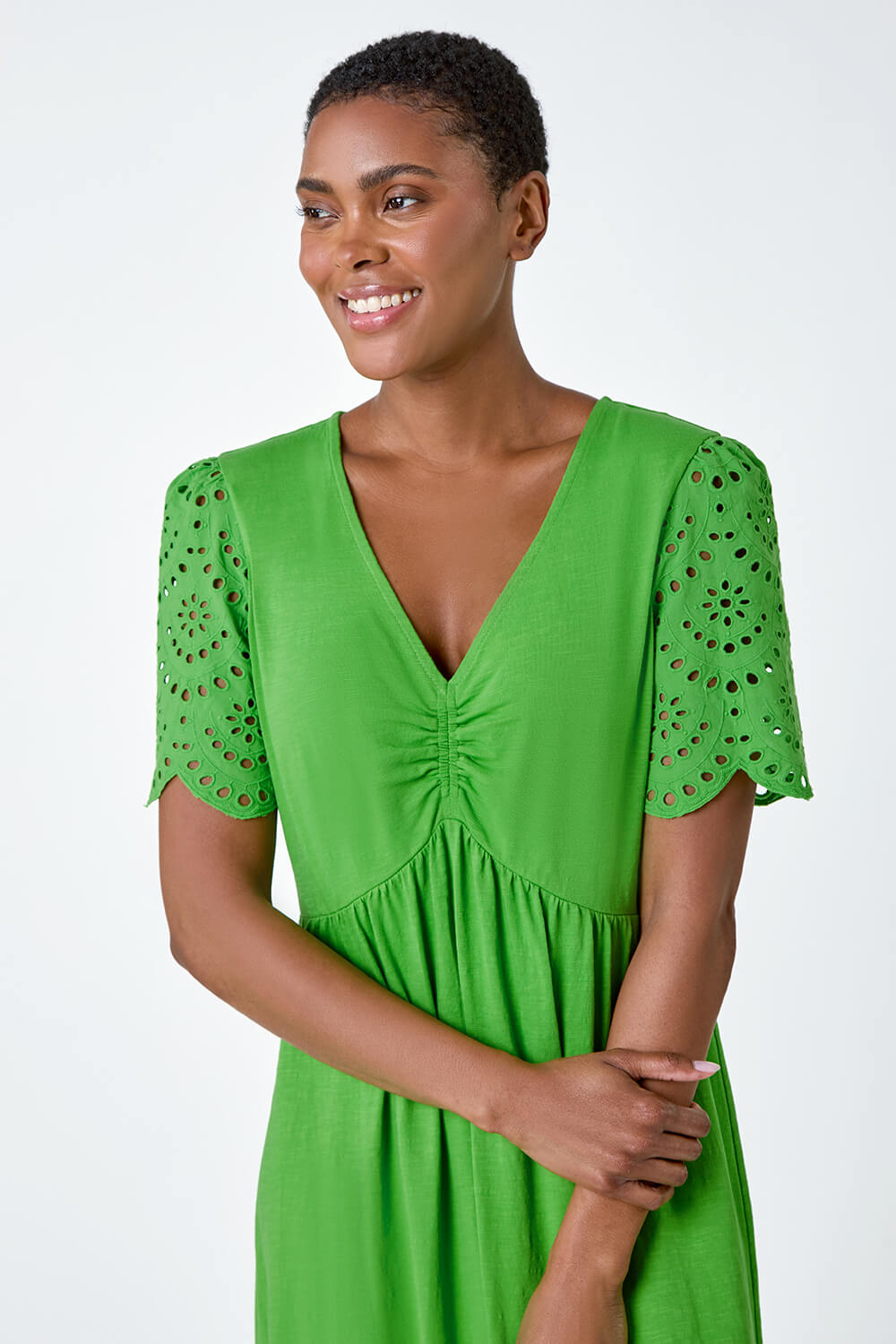 Green Cotton Broderie Sleeve Midi Dress, Image 4 of 5