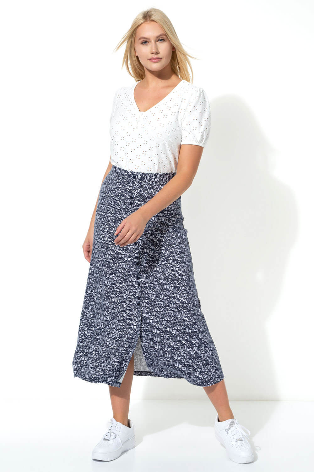 Navy  Spot Button Front Maxi Skirt, Image 3 of 4