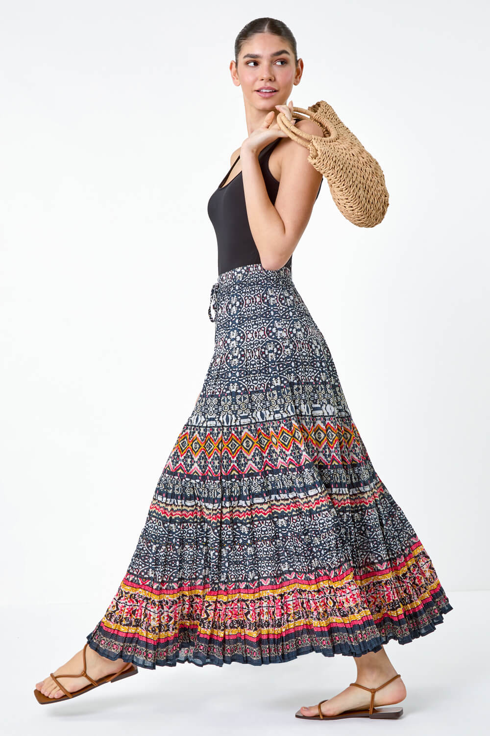 Black Aztec Crinkle Cotton Tiered Maxi Skirt | Roman UK