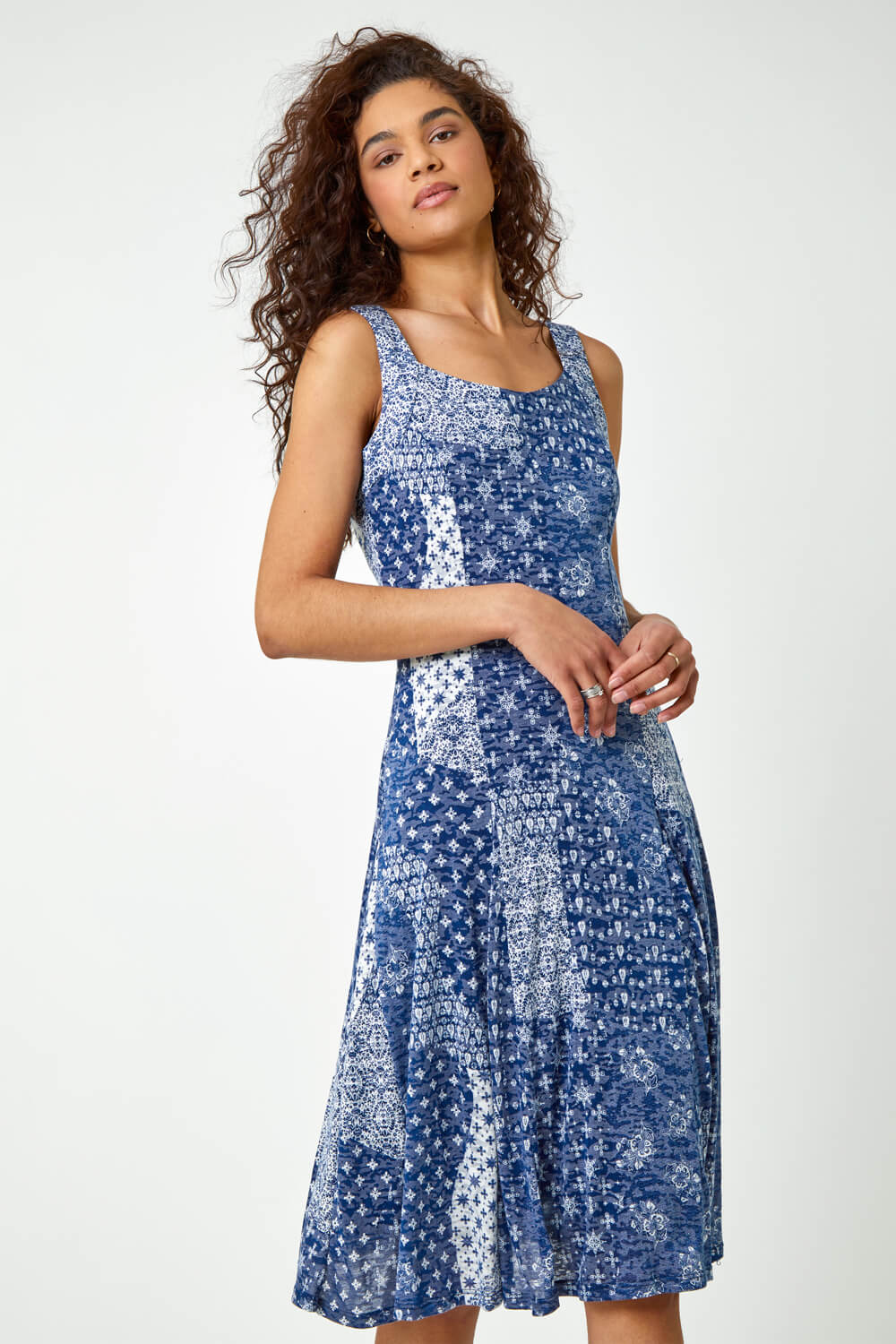 Blue Patchwork Print Fit and Flare Dress , Image 2 of 6