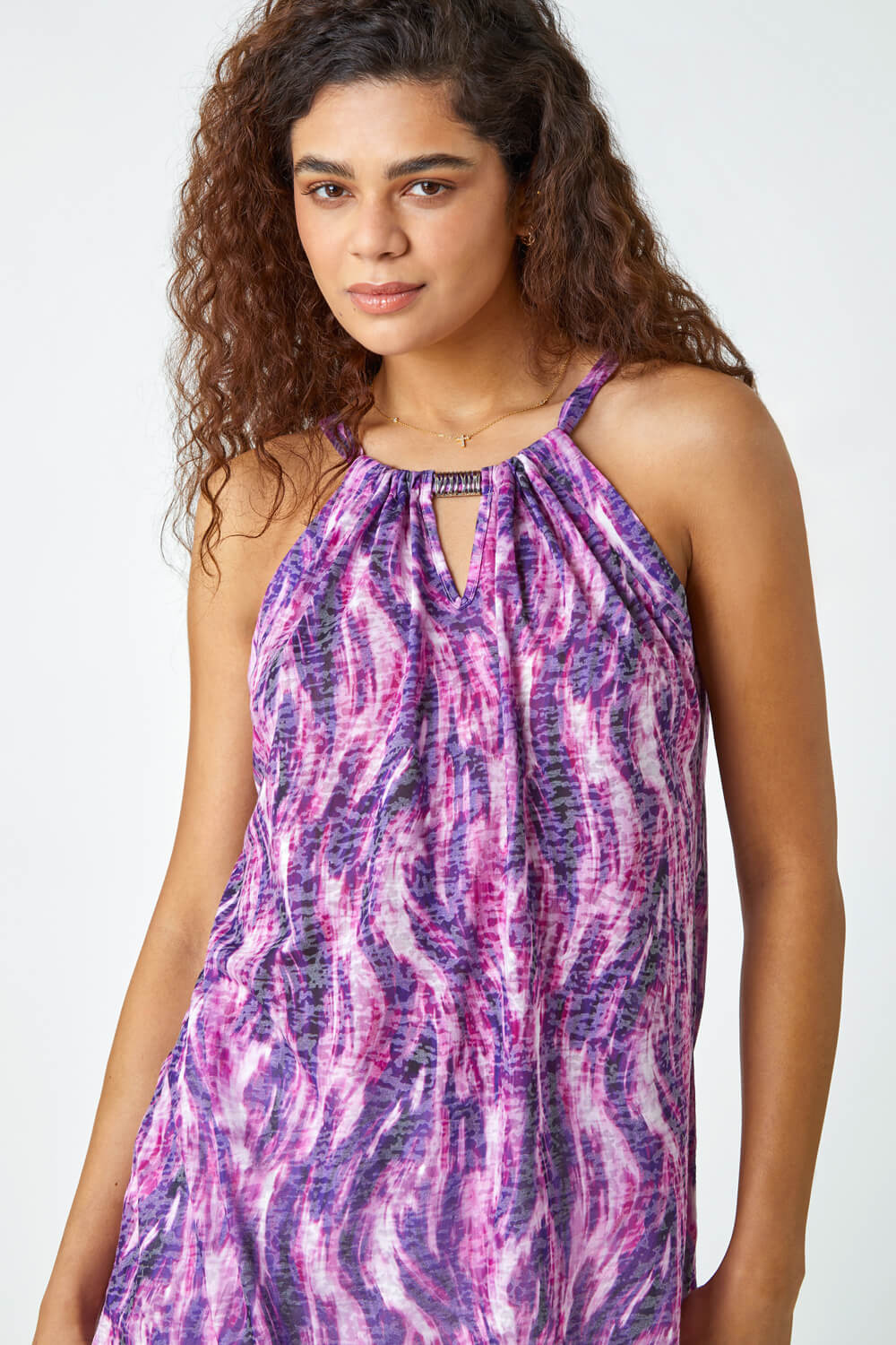 Purple Abstract Print Halter Neck Top, Image 4 of 5