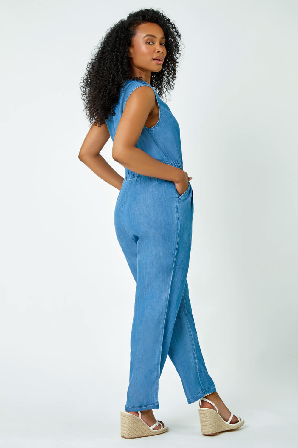 Blue Petite Stretch Denim Pocket Jumpsuit, Image 3 of 5