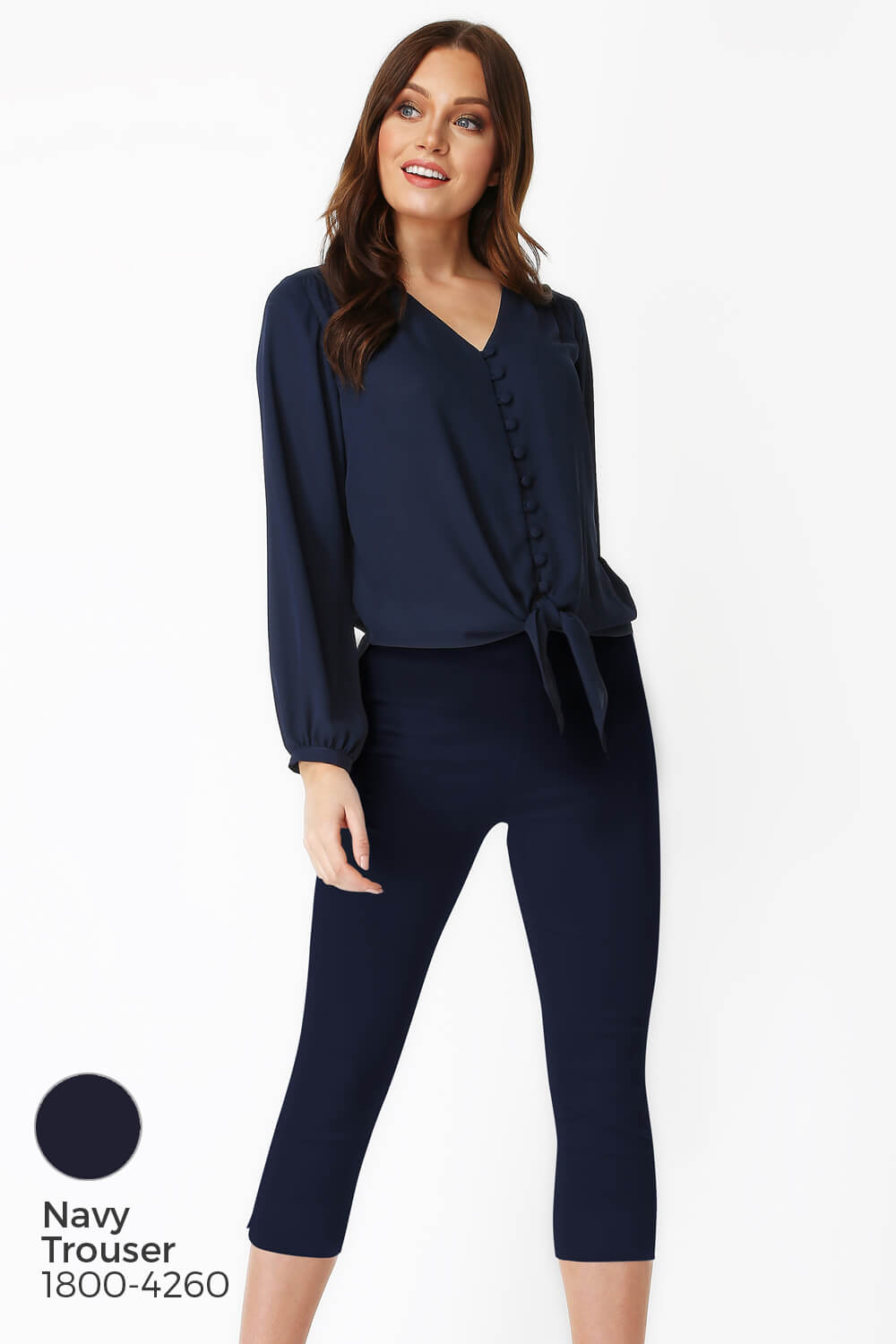 Navy Blue  Button Tie Front Blouse, Image 8 of 8