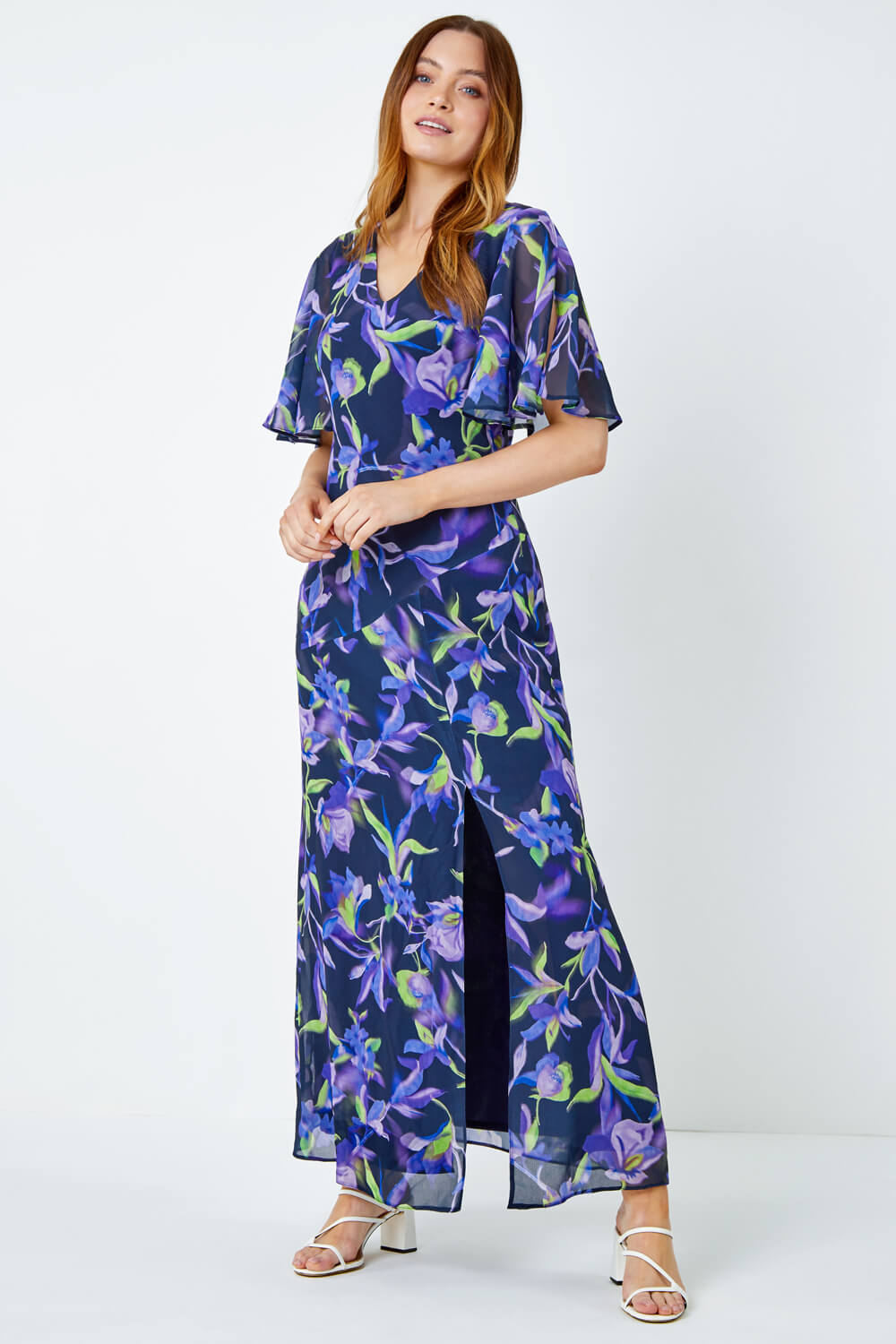 Navy  Floral Print Chiffon Maxi Dress, Image 3 of 5