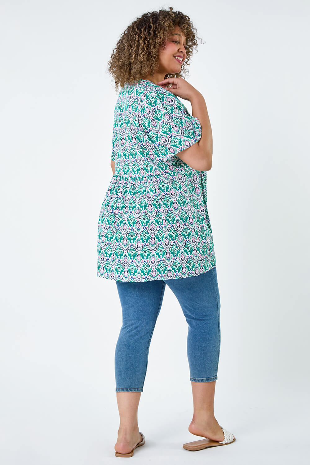 Green Curve Tie Front Boho Printed Top, Image 3 of 5