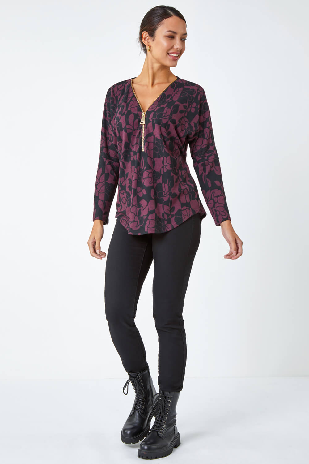 Burgundy Floral Stretch Jersey Zip Detail Top, Image 2 of 5