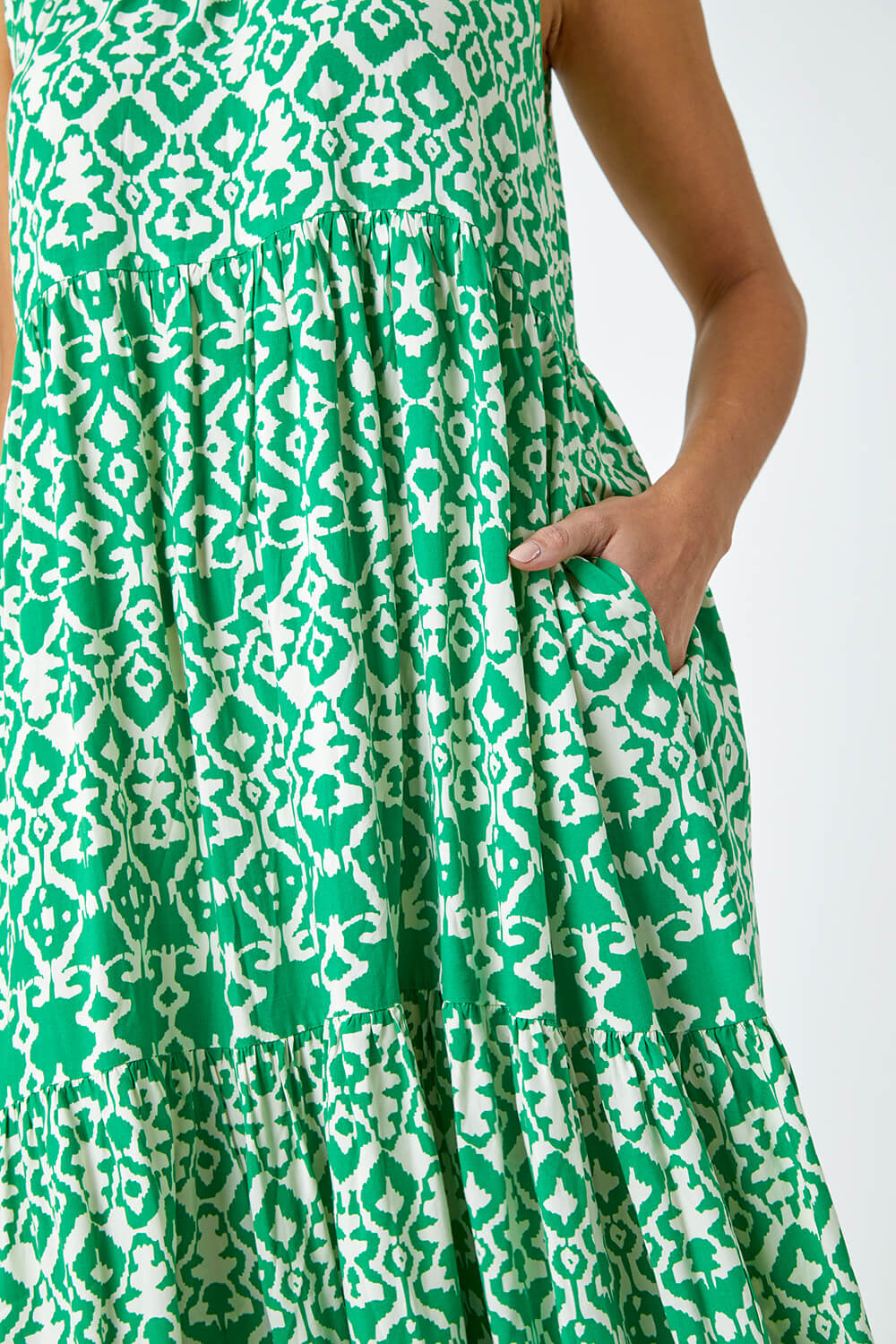 Green Aztec Tiered Smock Midi Dress, Image 5 of 5