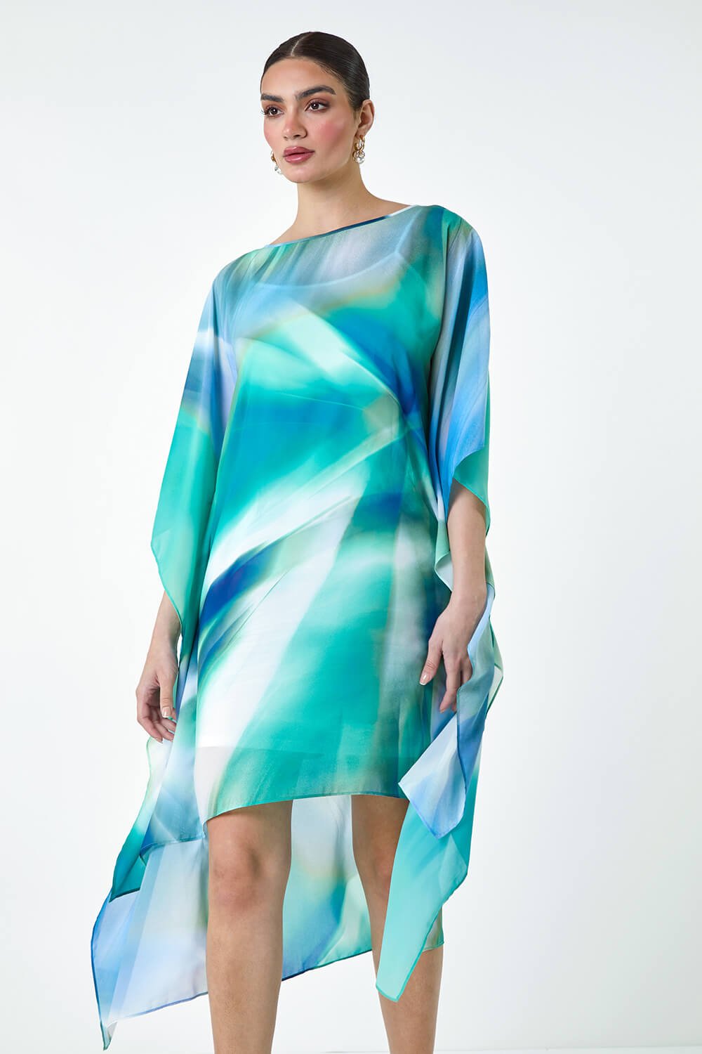 Green Abstract Print Chiffon Draped Tunic Dress, Image 4 of 6