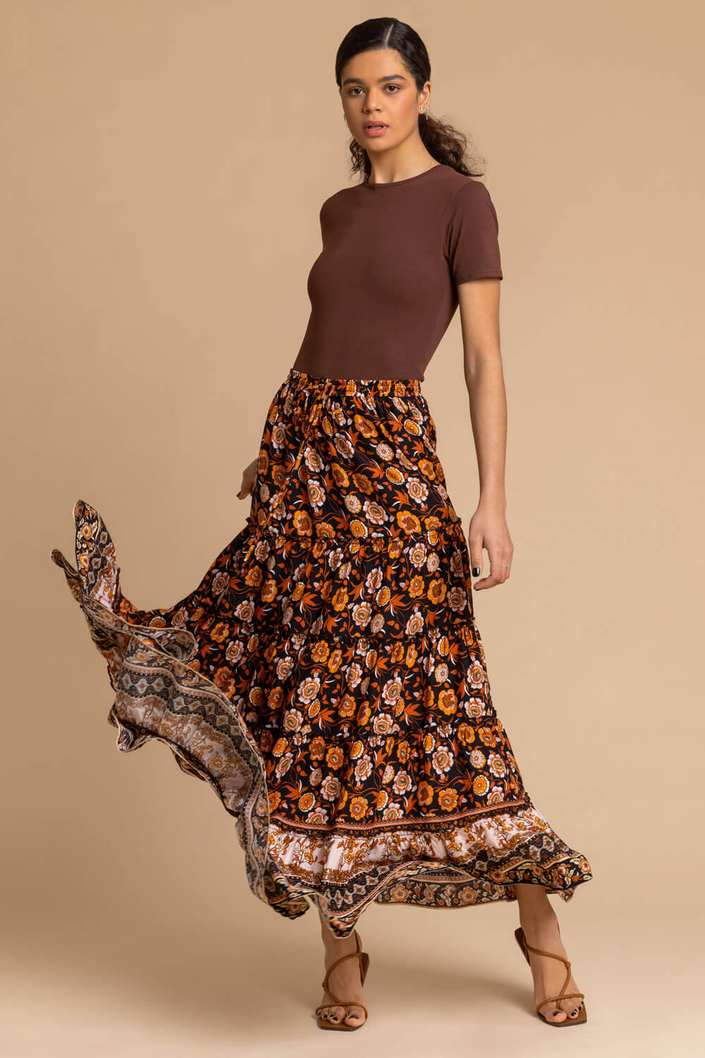 Black Floral Boho Print Tiered Maxi Skirt, Image 3 of 4