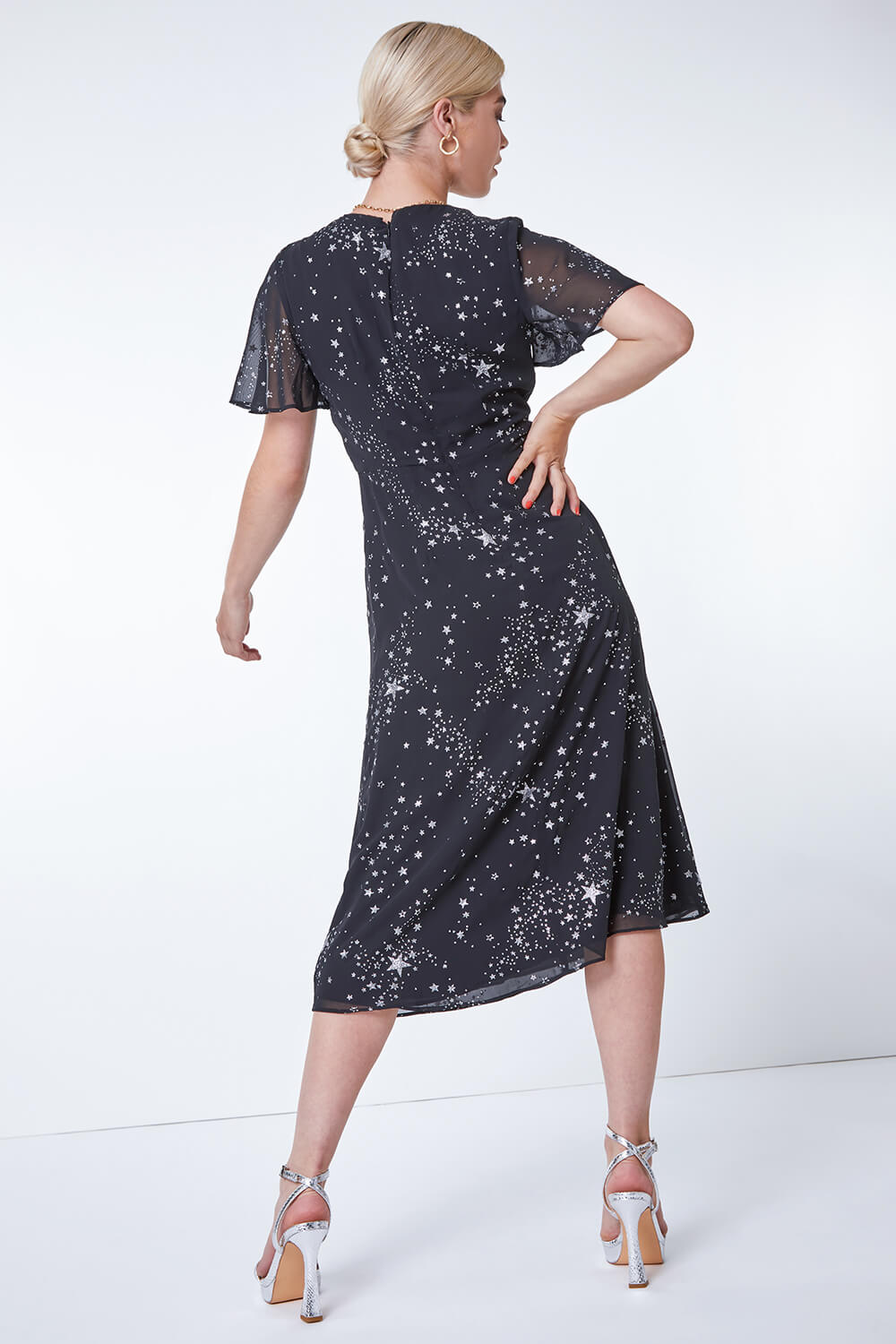 Black Star Print Chiffon Midi Dress , Image 3 of 5