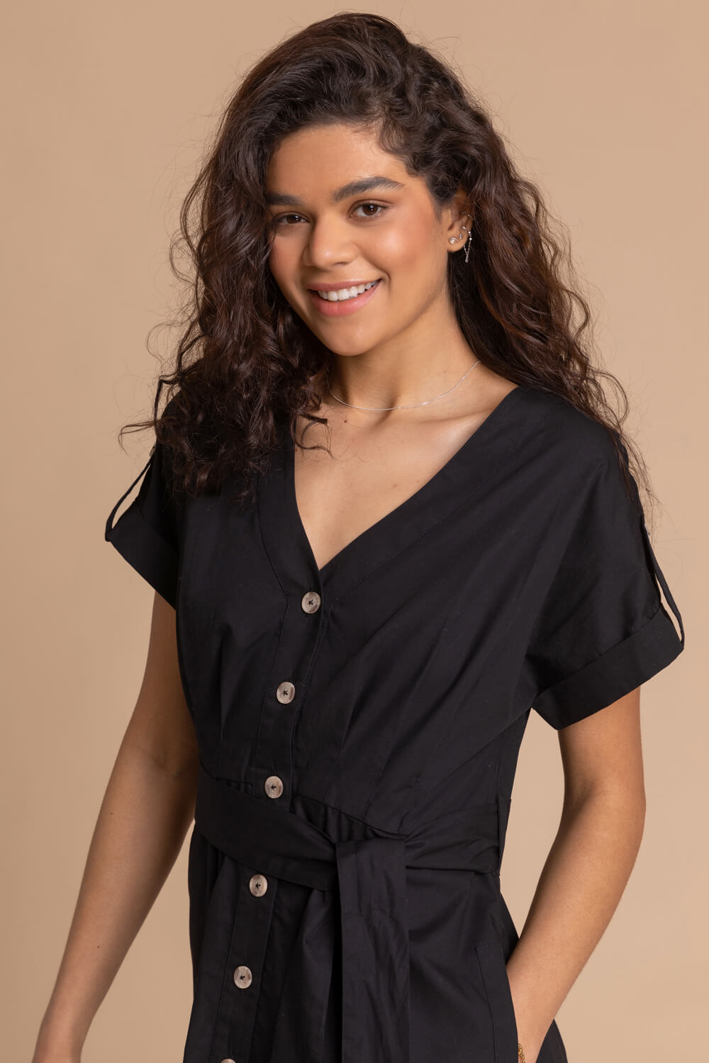 Black Cotton Belted Midi Shirt Dress, Image 4 of 4