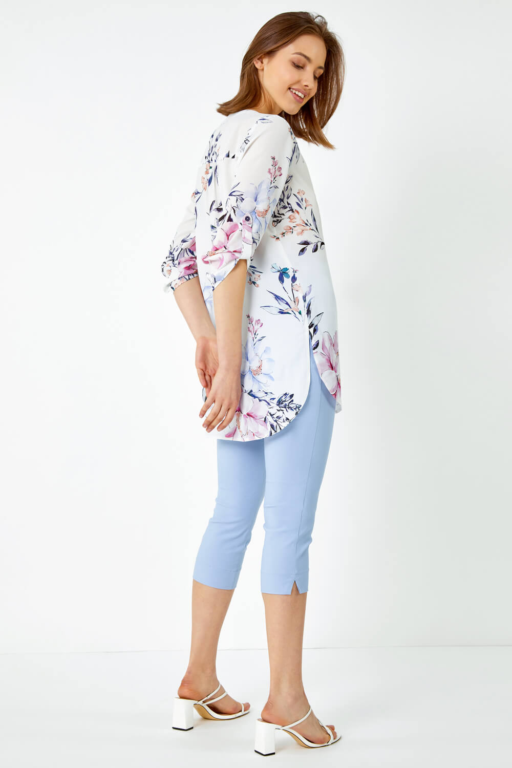 Ivory  Floral Print Longline Blouse, Image 3 of 5