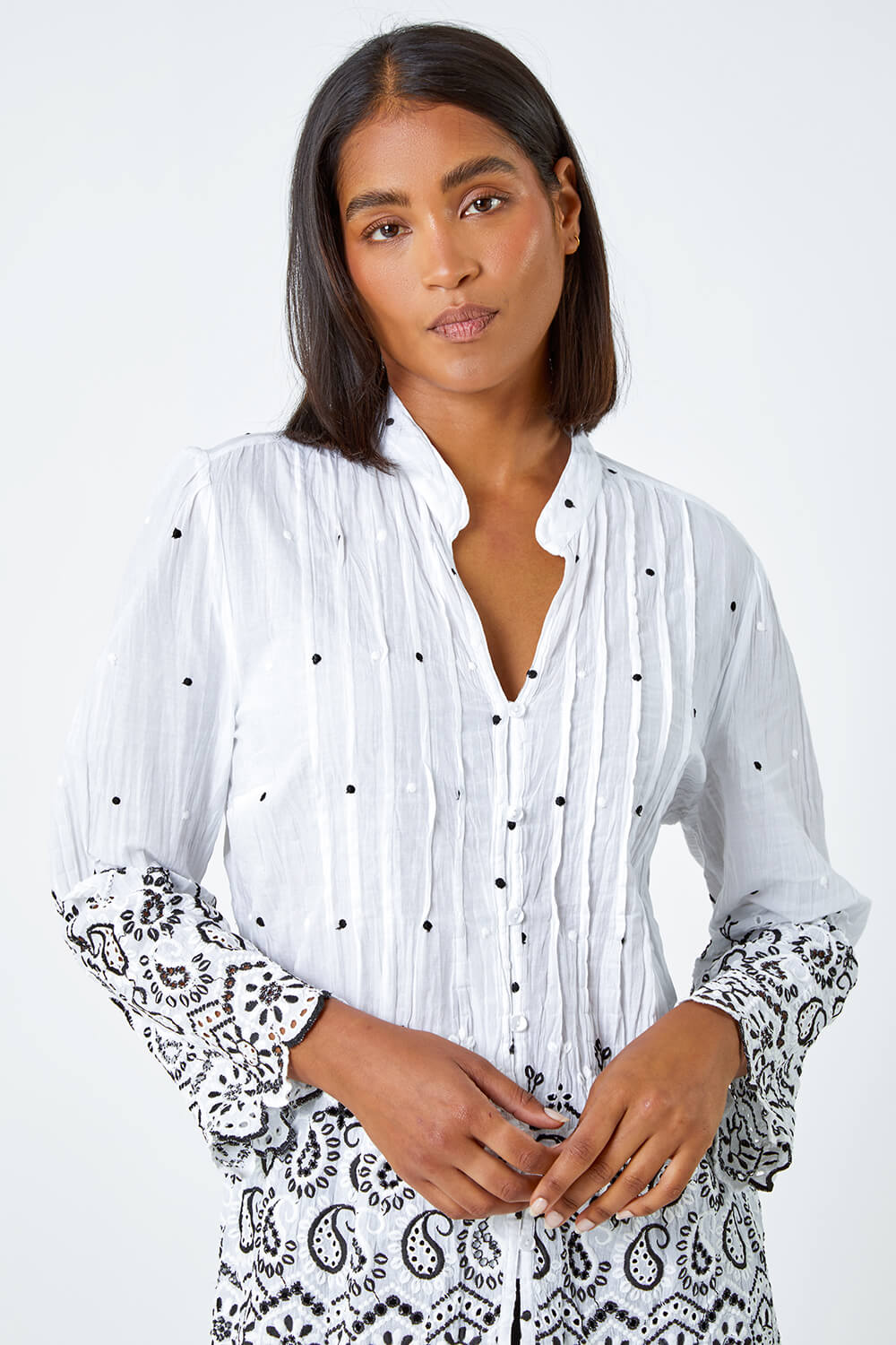 Ivory  Cotton Paisley Embroidered Blouse, Image 4 of 5