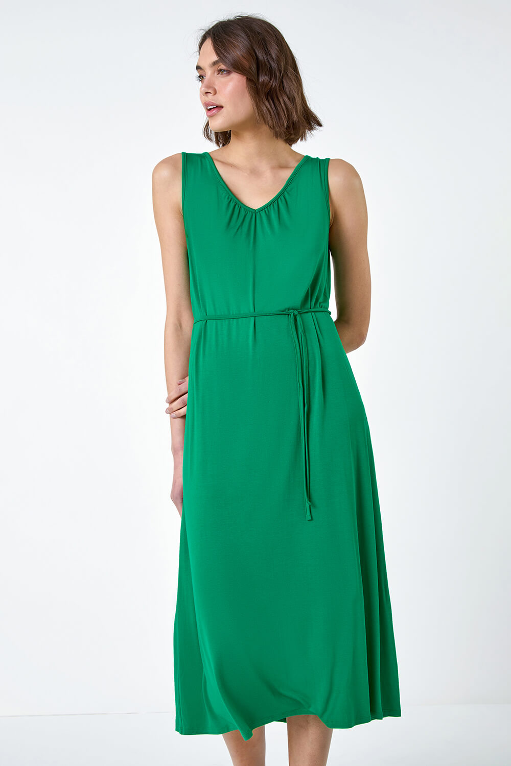 Green Gathered Tie Detail Stretch Midi Dress, Image 4 of 5