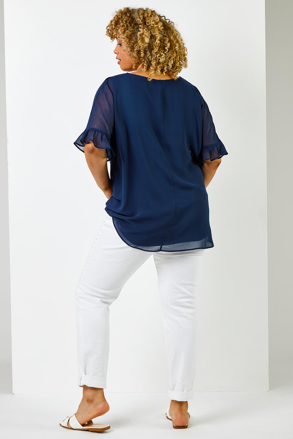 Navy  Curve Frill Sleeve Pleat Detail Top, Image 2 of 5