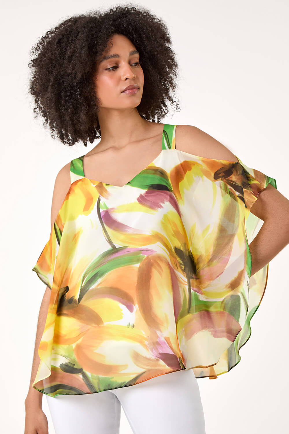 Yellow Abstract Print Cold Shoulder Overlay Top, Image 4 of 5