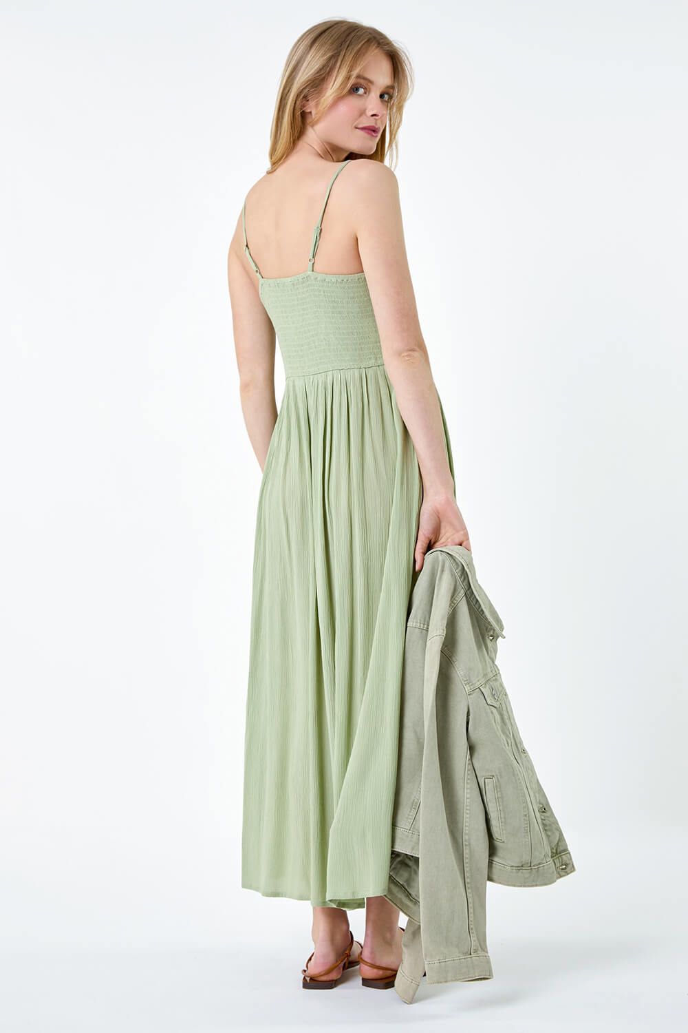 KHAKI Lace Bodice Shirred Midi Dress, Image 3 of 5