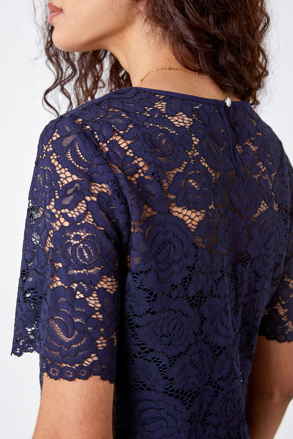 Navy  Lace Top Overlay Pleated Midi Dress, Image 5 of 5
