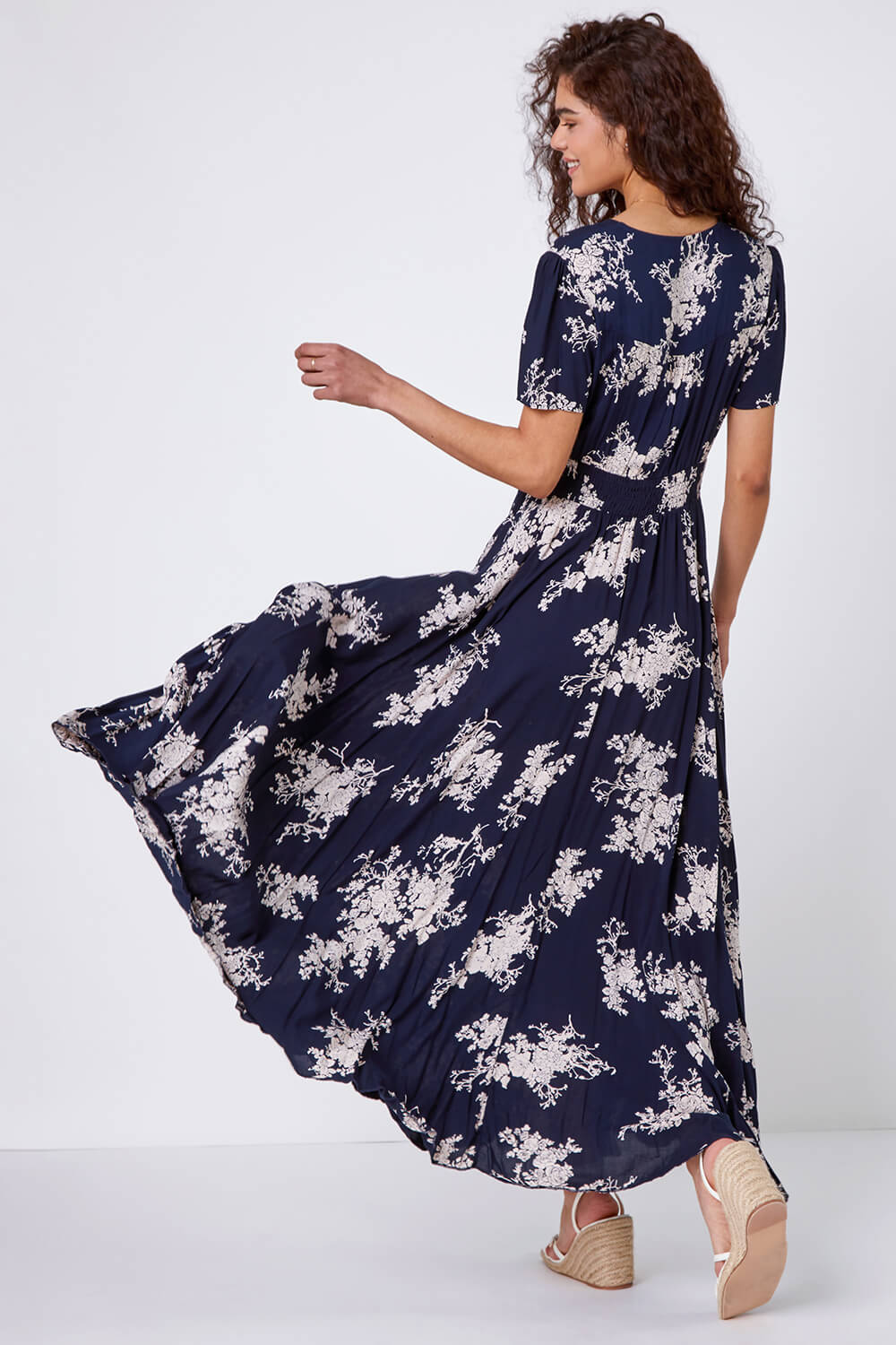 Navy  Floral Print Shirred Waist Maxi Dress, Image 3 of 5