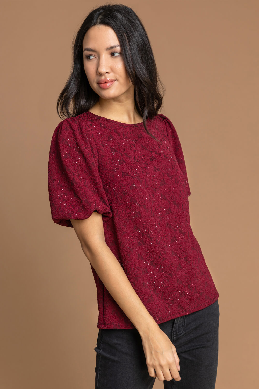 Red Floral Jacquard Puff Sleeve Top, Image 5 of 5
