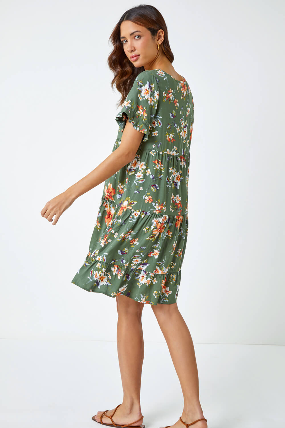 Olive Floral Frill Sleeve Tiered Smock Dress, Image 3 of 5