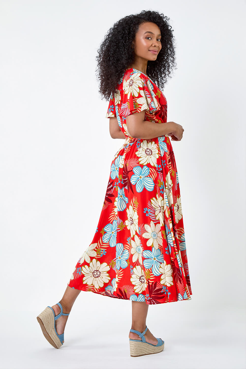 Red Petite Floral Print Shirred Midi Dress | Petite UK