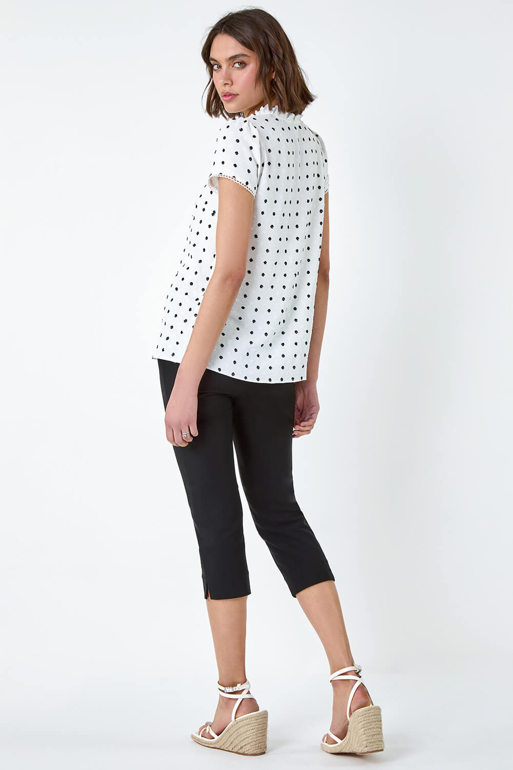 Ivory  Textured Spot Print Ruffle Detail Top, Image 3 of 5