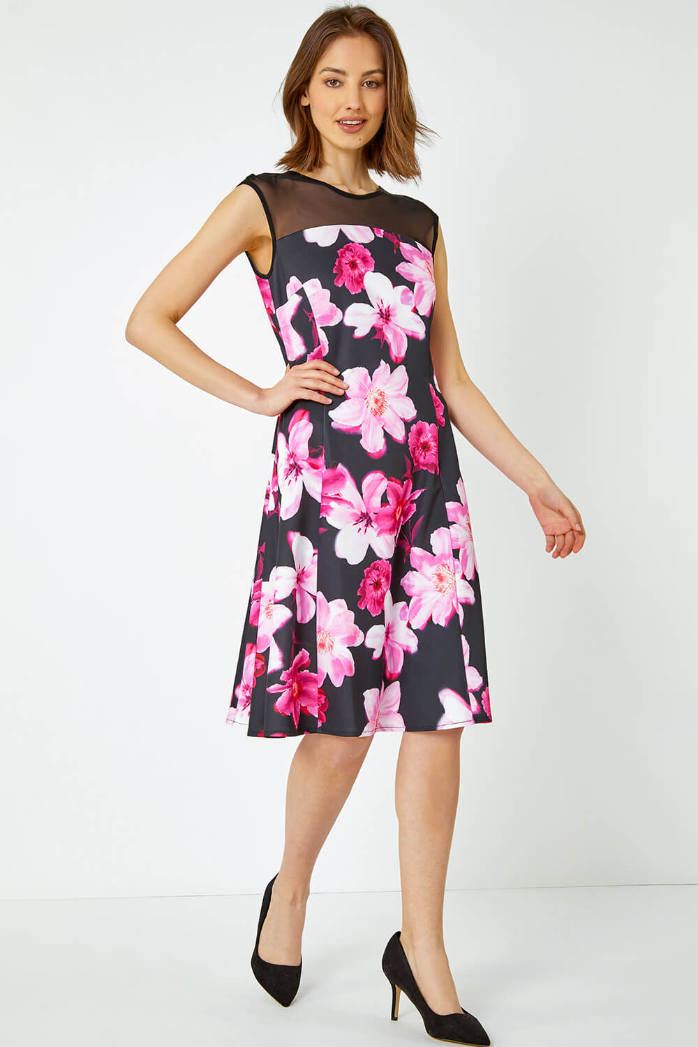 Cerise Premium Stretch Floral Mesh Dress | Roman UK