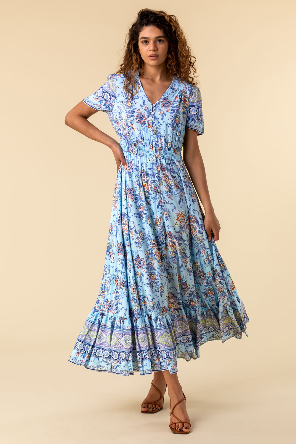 Roman Originals Women's Blue Floral Placement Maxi Dress Sizes 10-20 