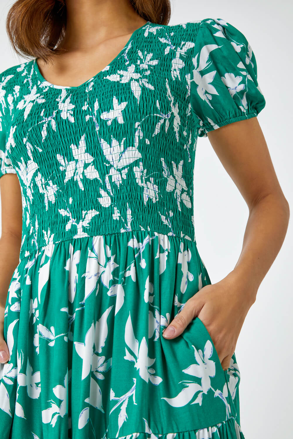 Green Floral Shirred Waist Tiered Midi Dress, Image 5 of 5