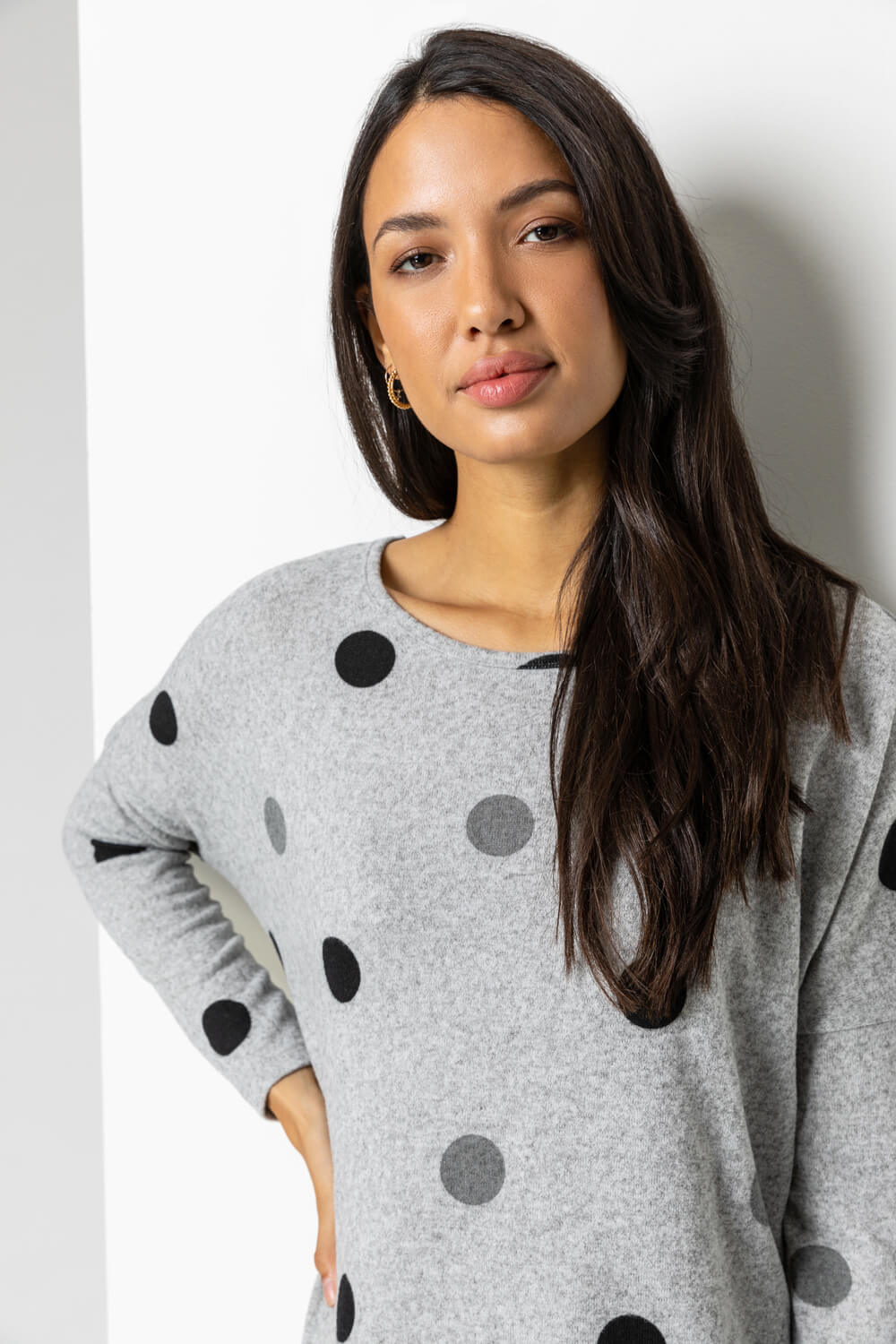 Grey Polka Dot Blouson Long Sleeve Jersey Top , Image 4 of 4