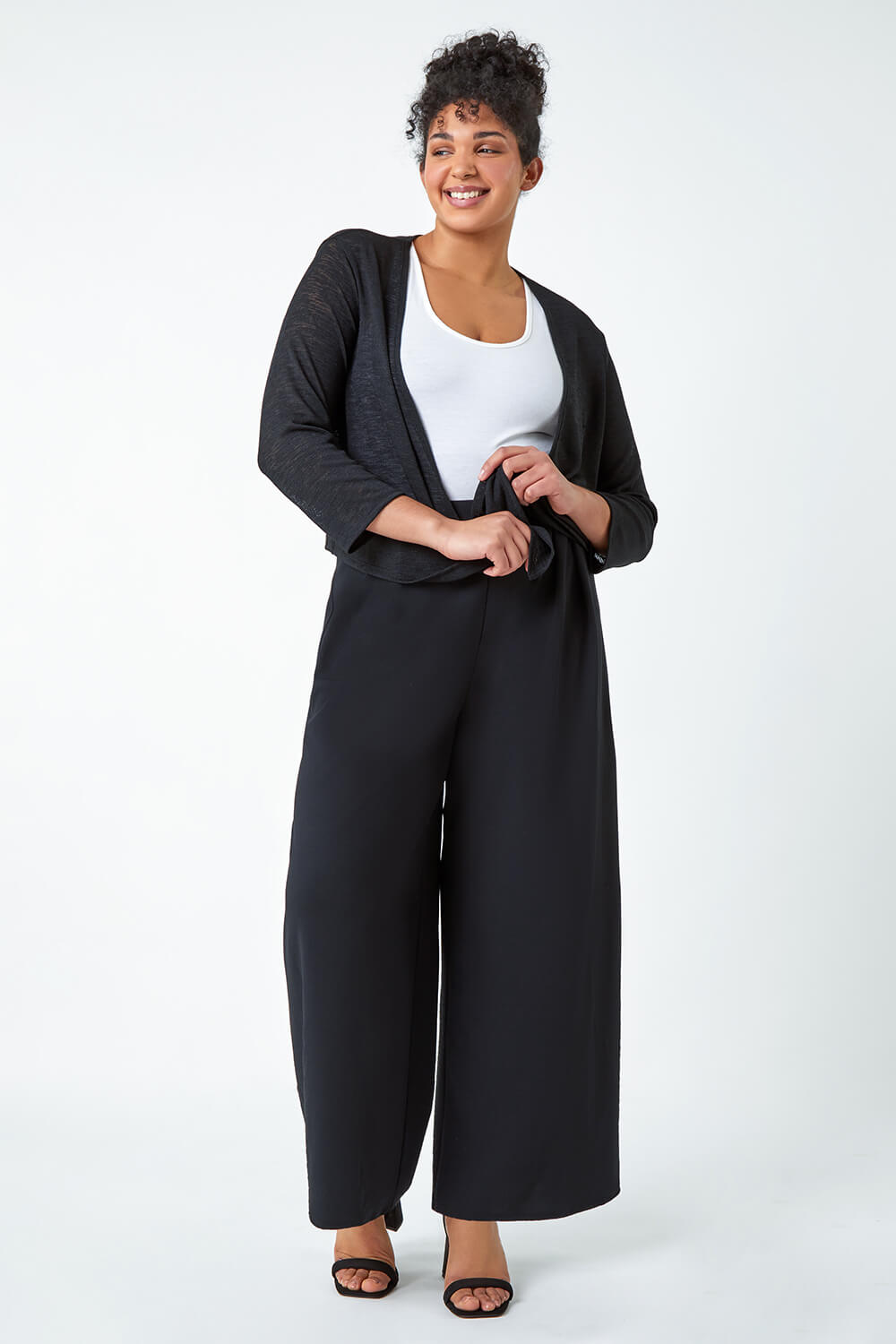 Black Curve Wide Leg Pleat Stretch Trousers, Image 2 of 5