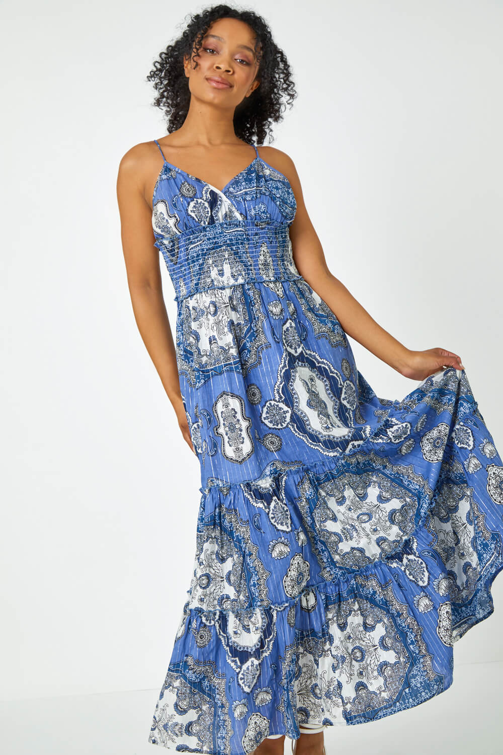 Blue Petite Shirred Waist Tiered Maxi Dress, Image 1 of 5
