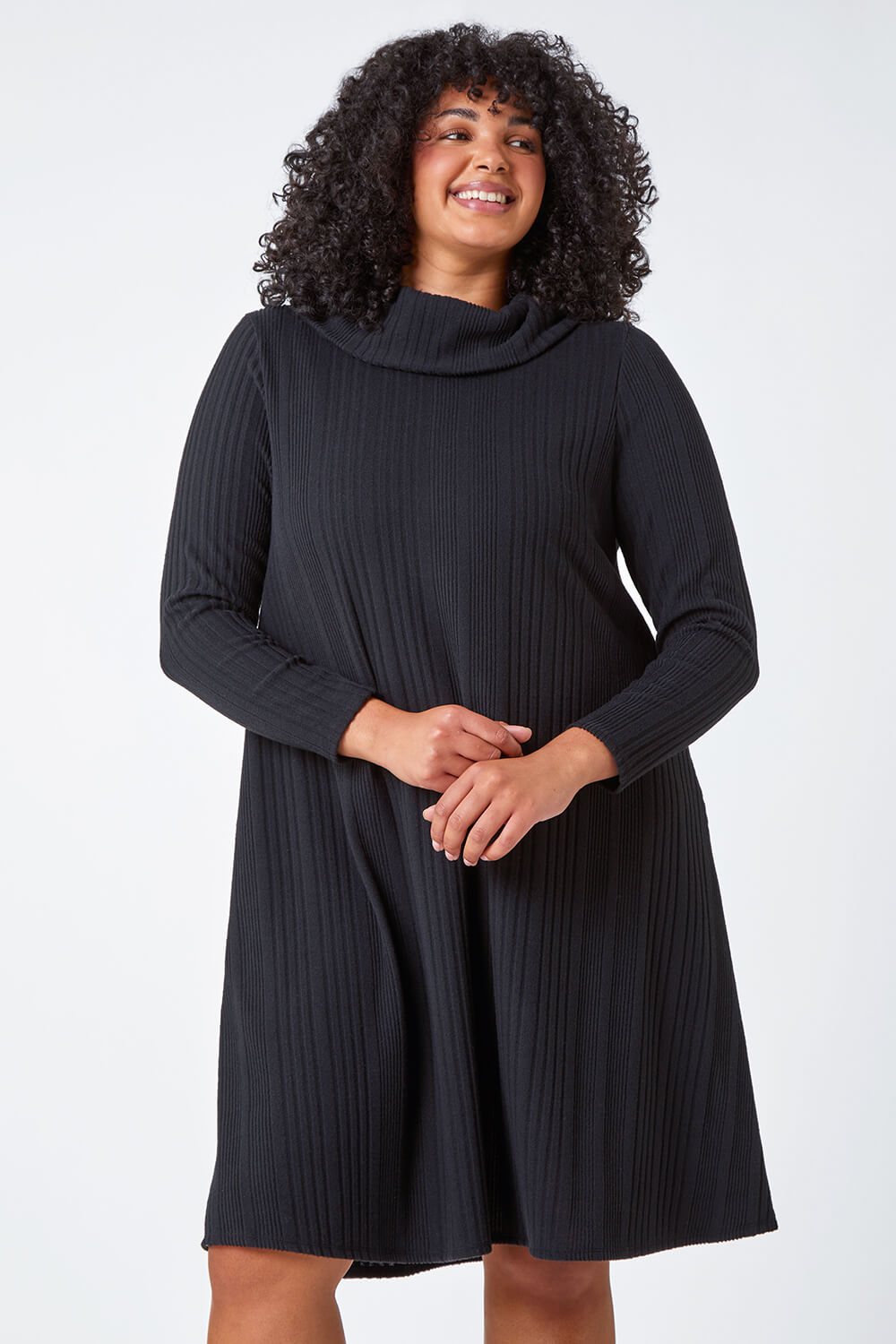 Black Curve Roll Neck Ribbed Stretch Dress, Image 4 of 5