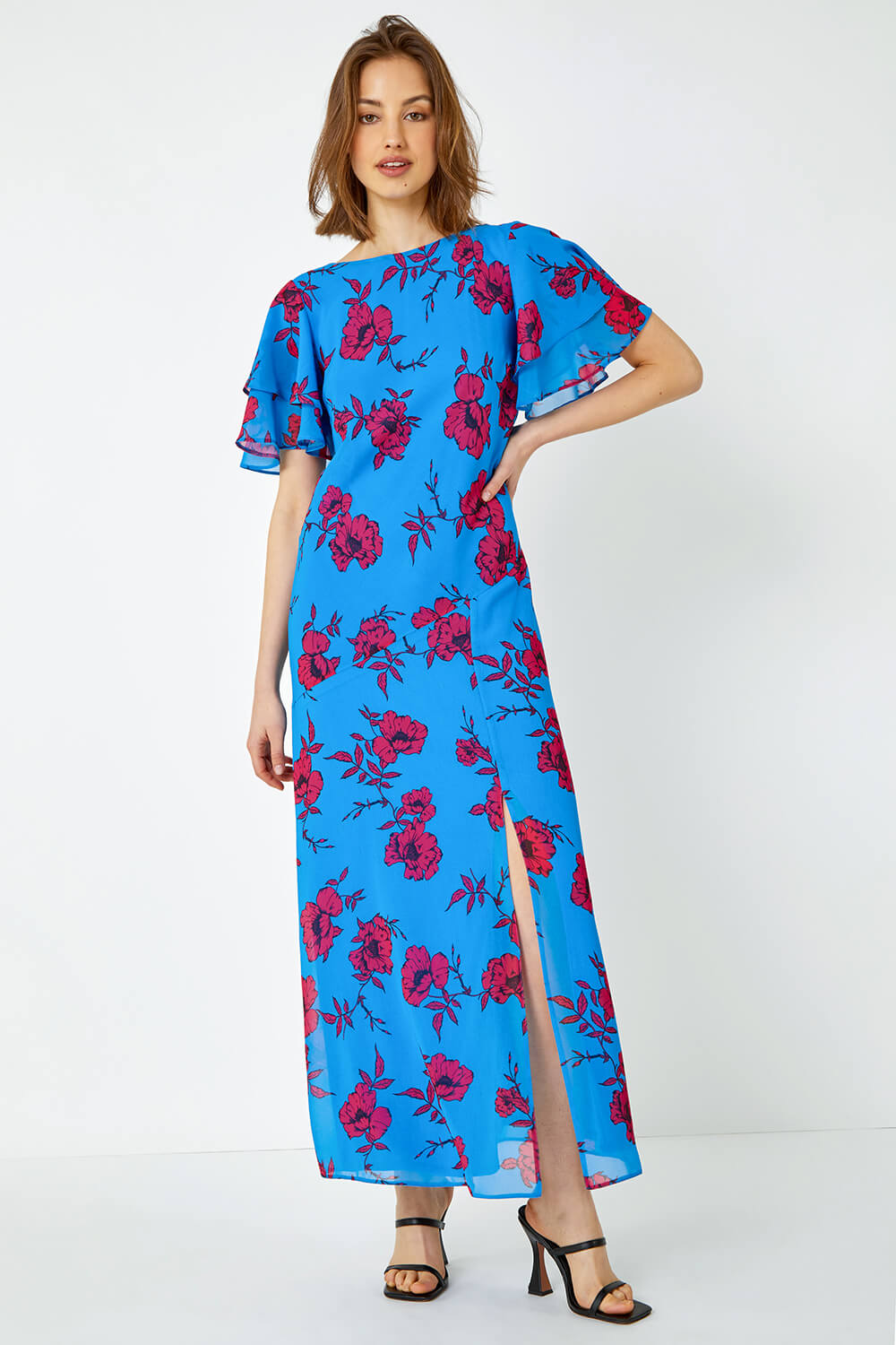 Blue Floral Tiered Sleeve Maxi Dress | Roman UK
