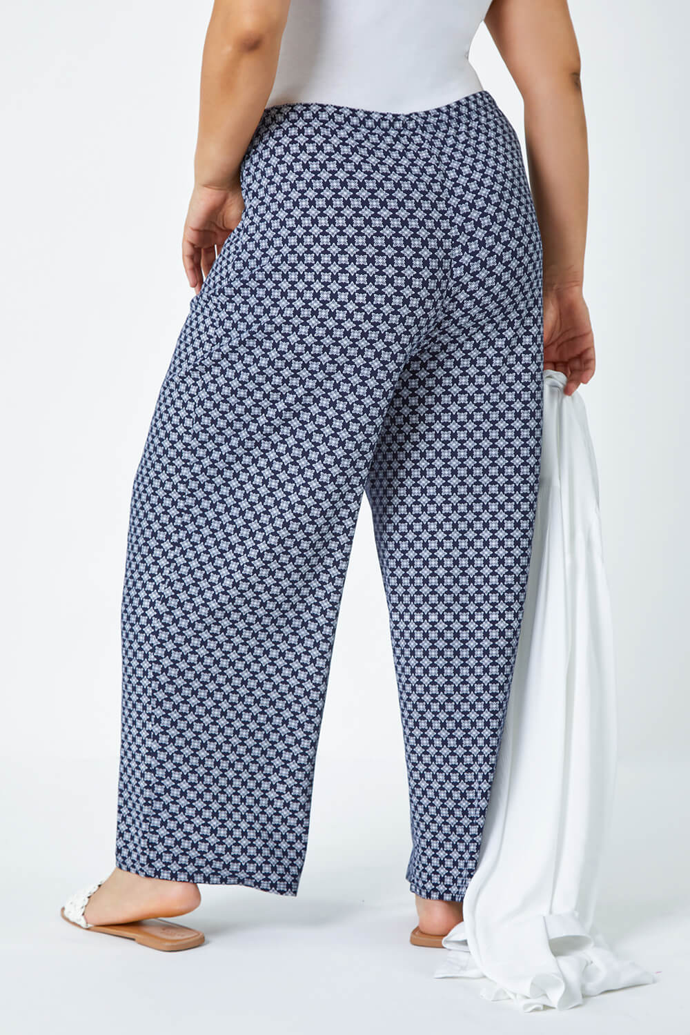 Navy  Curve Geometric Wide Leg Stretch Trousers, Image 3 of 5