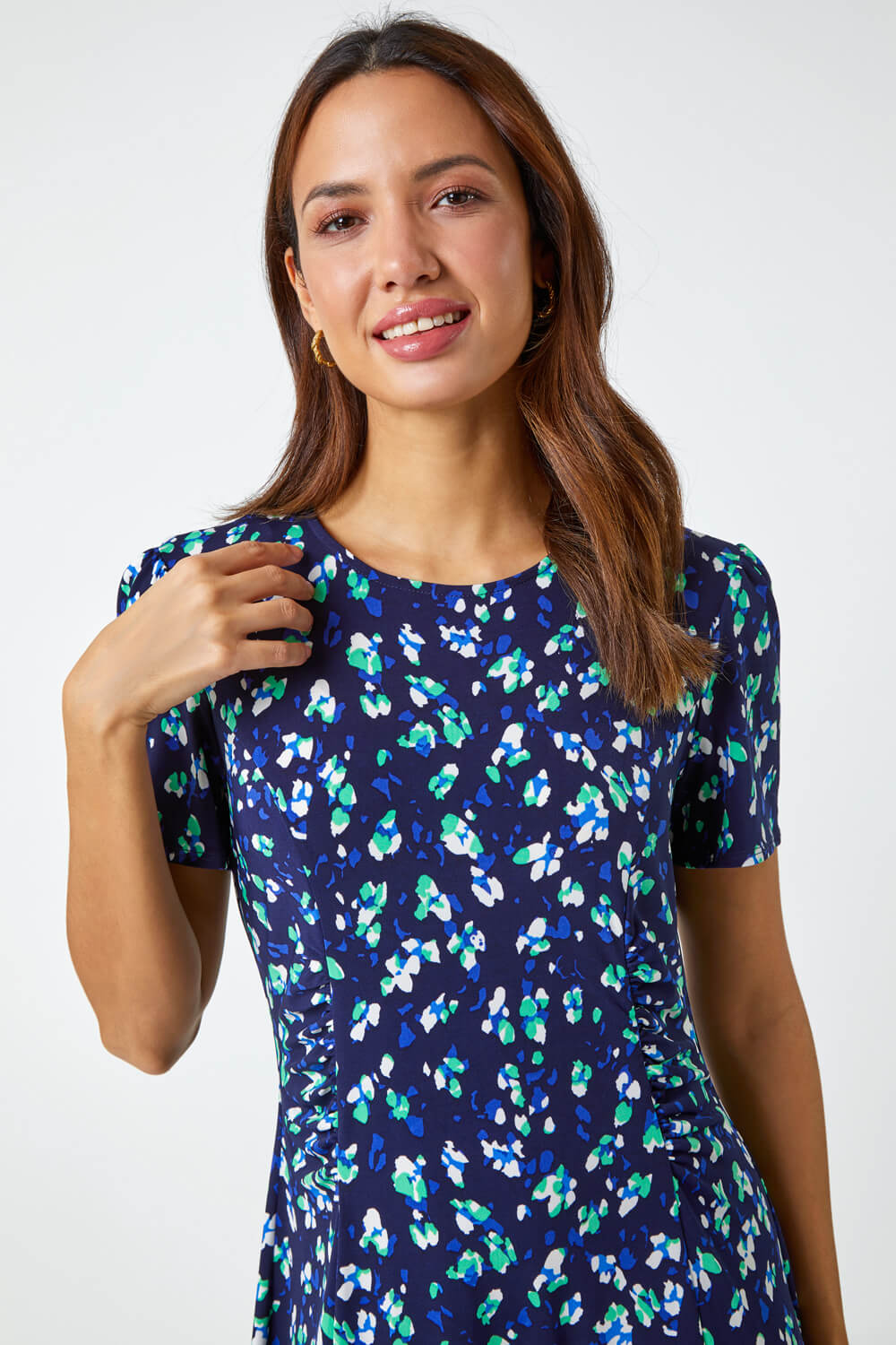 Navy  Panelled Ditsy Floral Print Dress, Image 4 of 5