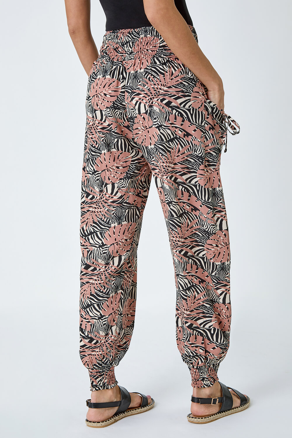 Black Tropical Print Stretch Hareem Trousers, Image 3 of 5