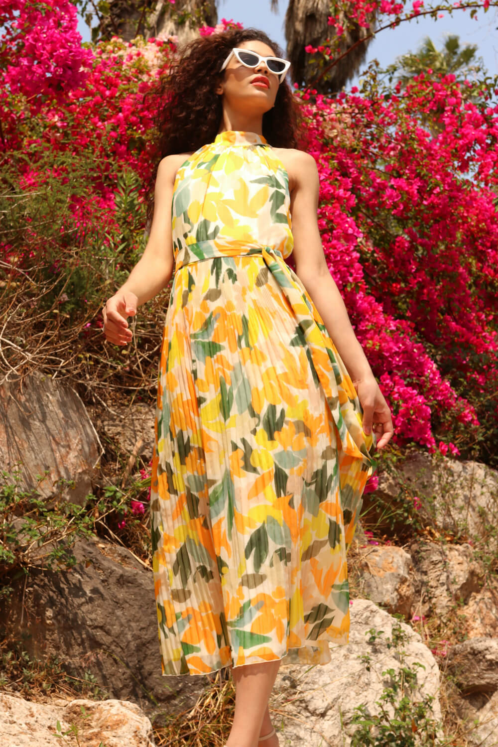 Yellow Floral Halterneck Pleated Maxi Dress, Image 6 of 6