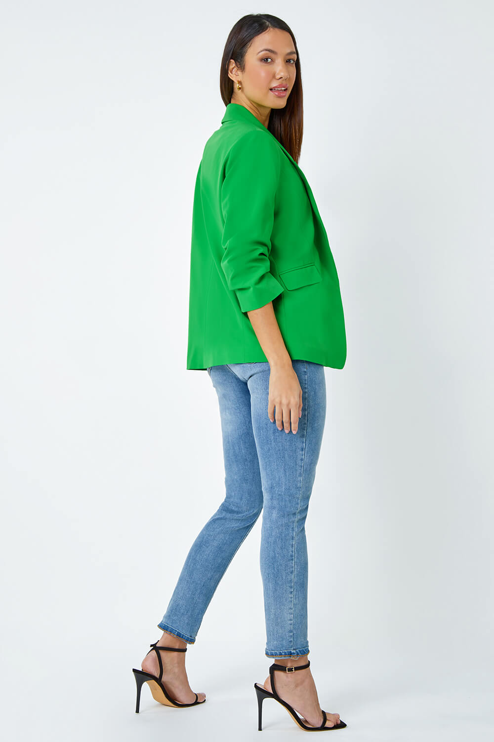 Green Ruched Sleeve Stretch Blazer , Image 3 of 4